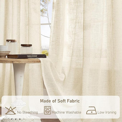 LAMIT Linen Curtains 60 Inch Length 2 Panels, Light Filtering Panels Back Tab and Rod Pocket Neutral Drapes for Bedroom/Window/Living Room, Beige, 34 x 60 Inch