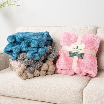 PAVILIA Grey Sherpa Throw Blanket for Couch, Warm Plush Pom Blanket Throw, Gray Fuzzy Sofa Throw, Lightweight Soft Cozy Fluffy Blanket with Pom Poms, Heather Grey, 50x60