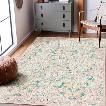 MUJOO 3x5 Pink Rug Washable,Floral Area Rug for Bedroom Office Entryway Living Room Bedside,Small Throw Carpet Boho Non Slip Indoor Floor Botanical Vintage Ultra-Thin