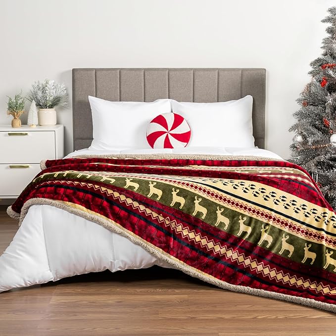PAVILIA Premium Christmas Sherpa Throw Blanket, Green Red Cabin Design with Reindeer Print, Ultra Soft Reversible Fleece & Sherpa 60x80 Cozy Winter Blanket, Cozy Christmas Holiday Decor