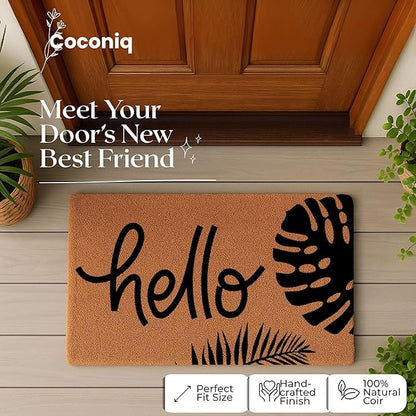 Coir Door Mats 17" X 30", Non-Slip Sturdy, PVC Backed Heavy Duty, Easy to Clean, Ideal for Door Entrance, Patio, Porch, Backyard, Garages, Hello - Black Leaves