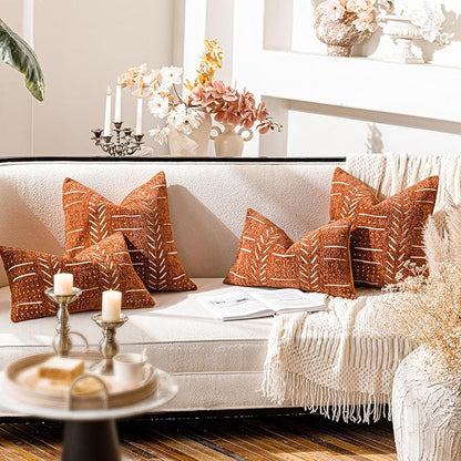 BlissBlush Fall Brick Red Decorative Throw Pillow Covers 20X20, Set of 2, Boho Farmhouse Cushion Cover, Cozy Soft Accent Pillowcase for Couch Sofa Bed Living Room Home Décor