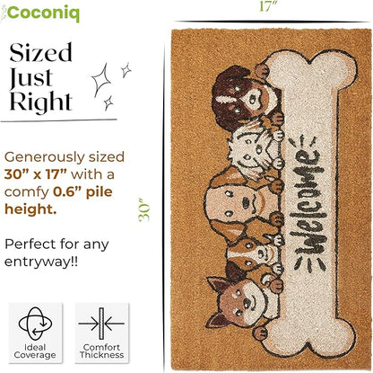 Coir Door Mats 17" X 30", Non-Slip Sturdy, PVC Backed Heavy Duty, Easy to Clean, Ideal for Door Entrance, Patio, Porch, Backyard, Garages, 5 Welcoming Puppies