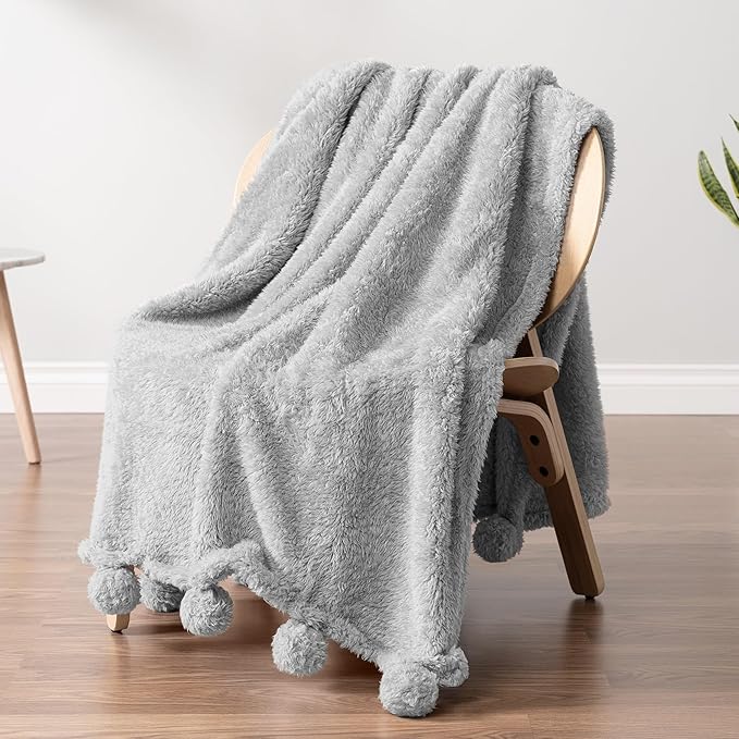 Pavilia Light Grey Sherpa Throw - Twin, Fuzzy Couch Throw with Pom Poms, Soft Fluffy Cozy Blanket - Lightweight, 60x80
