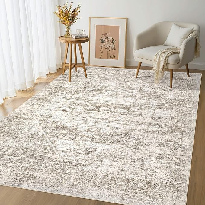 Vintage Living Room Area Rug 9x12 - Large Soft Washable Oriental Traditional Distressed Farmhouse Rugs for Bedroom - Indoor Floor Accent Carpet for Home Office House Decor - Distressed Light Brown