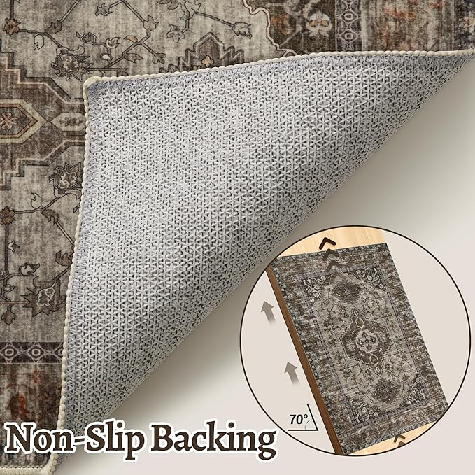 Tangsoo 2x5 Washable Runner Rug for Hallways, Non Slip Vintage Runner Rug, Soft Low Pile Long Rug Runner, Print Distressed Carpet Runners for Kitchen Bedroom Entryway Bathroom Living Room Grey
