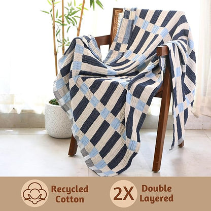 Folkulture Throw Blanket for Couch 50" x 60" |100% Recycled Cotton Couch Christmas Throw Blanket for Chair, Boho Throws Blankets for Bed,Sofa, Lightweight |Guest Room Must Haves Blanket | Winter Blue
