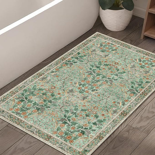 MUJOO 2x3 Washable Rug,Green Floral Small Area Rugs for Bathroom Entryway Entry Bedroom Bedside,Boho Front Door Mat Indoor Entrance Throw Carpet Botanical Vintage Non Slip Ultra-Thin