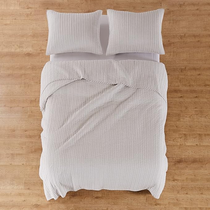 Levtex Home Tobago Stripe Taupe Reversible Twin XL/Twin Quilt Set (68x86in) with 1 Pillow Sham (26x20in) - Striped - Taupe, White - Cotton Twin Size Quilt Bedding Set - Lightweight, Soft, Pre-Washed