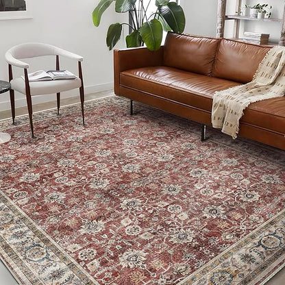 Washable Area Rug 9'x12' Boho Design Non-Shedding Easy Care Ideal for High Traffic Areas in Living Room Bedroom Office Coffee Table Kitchen Large Carpet
