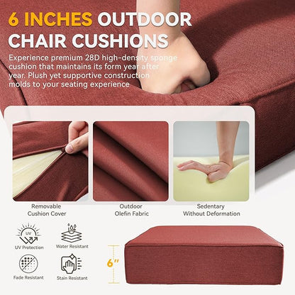 Outdoor Cushion Set for Furniture Patio Furniture, UV Resistant, Water Resistant - 6 Inch Thick Foam Garden Cushions– 24x24 Inch Patio Seat Covers for Chair/Sofa/Couch | Red | 4-Pack |