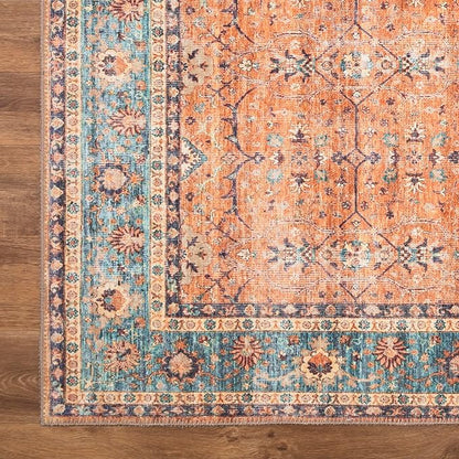 Bloom Rugs Washable Non-Slip 7 ft Runner - Orange/Teal Blue Traditional Bordered Runner for Entryway, Hallway, Bathroom, and Kitchen - Exact Size: 2.5' x 7'