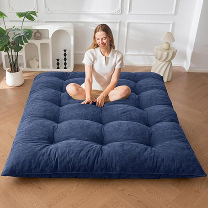MAXYOYO Japanese Floor Mattress Full Size, 6" Foldable Futon Mattress Tufted Roll Up Floor Bed, Thick Chenille Tatami Mat Sleeping Pad for Camping Guest Room Dormitory Bedroom RV, Navy