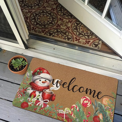 Christmas Snowman Door Mat, Winter Welcome Doormat, Christmas Holiday Welcome Front Door Mat Indoor Outdoor Entrance, Xmas Botanical Artificial Coir Doormats Rugs for Porch Entryway 30x17in