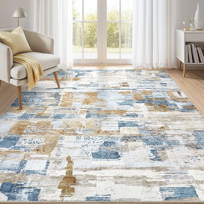 Abstract Living Room Rug 7x9 - Modern Washable Soft Thin Area Rug for Living Room Bedroom Under Dining Table - Neutral Indoor Floor Rug Carpets for Home Office Playroom Nursery - Blue Gold