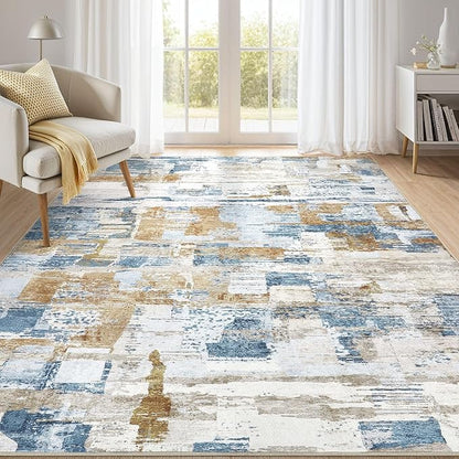 Abstract Living Room Rug 7x9 - Modern Washable Soft Thin Area Rug for Living Room Bedroom Under Dining Table - Neutral Indoor Floor Rug Carpets for Home Office Playroom Nursery - Blue Gold