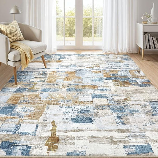 Abstract Living Room Rug 6x9 - Modern Washable Soft Thin Area Rug for Living Room Bedroom Under Dining Table - Neutral Indoor Floor Rug Carpets for Home Office Playroom Nursery - Blue Gold