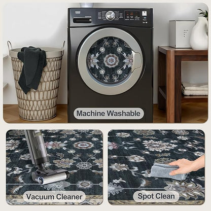 Tangsoo Floral Runner Rug 2x6 Washable Rug for Hallway, Non-Slip Vintage Black Runner Rug for Entryway Indoor, Brown Print Carpet Runner Rugs, Soft Low Pile Long Rug Runner for Kitchen