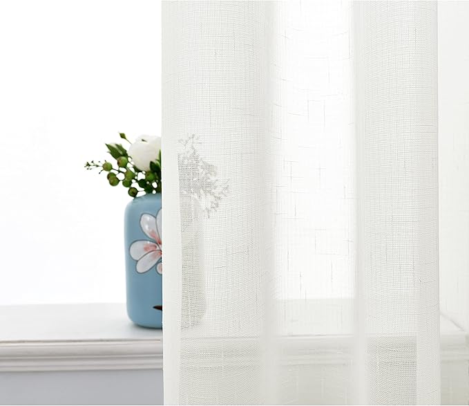 Sheer Curtains Faux Linen Semi Voile Light Filtering Drapes Pair for Bedroom Living Room, Set of 2 Grommet Top Window Curtain Panels (Each 54 x 84 Inch, Off White)
