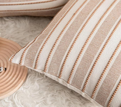 Decorative Boho Throw Pillow Covers, Farmhouse Textured Pillow Case, 20 x 20 Inch Set of 2, Chair Sofa Bedroom Living Room Home Decor Couch Cushion Case, Brown and Beige Striped