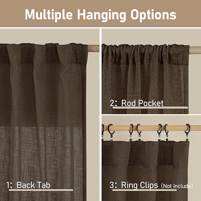 LAMIT 40 Inch Length Linen Curtains for Small Windows, Semi Sheer Light Filtering Panels Back Tab and Rod Pocket Neutral Drapes for Basement/Window/Loft Room, Dark Brown, 2 Panels, 34 x 40 Inch