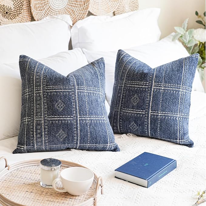BlissBlush Dark Blue Decorative Throw Pillow Covers 22X22, Set of 2, Boho Farmhouse Cushion Cover, Cozy Soft Accent Pillowcase for Couch Sofa Bed Living Room Home Décor