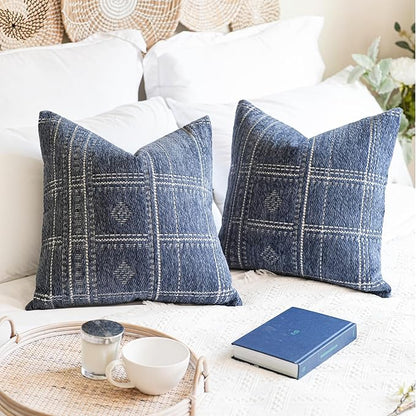 BlissBlush Dark Blue Decorative Throw Pillow Covers 22X22, Set of 2, Boho Farmhouse Cushion Cover, Cozy Soft Accent Pillowcase for Couch Sofa Bed Living Room Home Décor