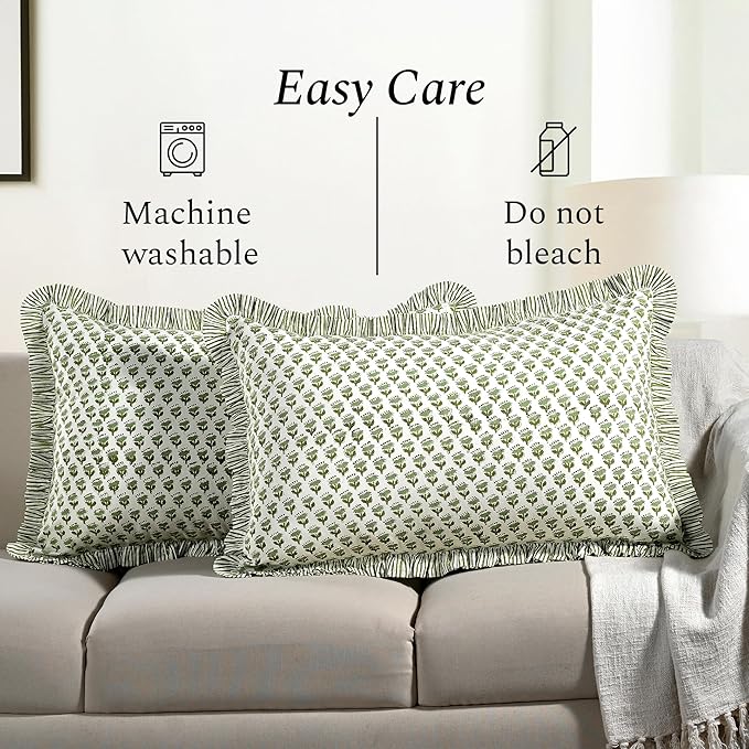 CPC Emerald Green 100% Cotton Block Print Ruffle Pillow Cover 20X30 inch Pack of 2, Handmade Boho Floral Pillowcase,Soft Decorative Queen Bed Pillow Cover for Bedroom Décor
