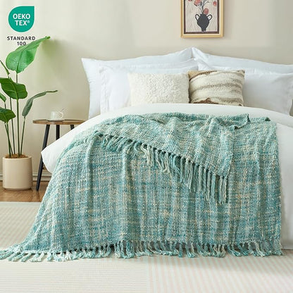Multi-Color Turquoise Cable Knitted Throw Blanket for Couch,60"X80" Boho Style Textured Blankets for Home Decor,Super Soft Warm Cozy Chunky Knit Blanket with Decorative Tassels for Bed