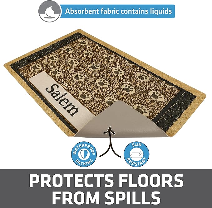 Drymate Personalized Pet Bowl Placemat, Custom Dog & Cat Food Feeding Mat - Absorbent Fabric, Waterproof Backing - Machine Washable/Durable (USA Made) (12" x 20") (Brown Paw Braid)
