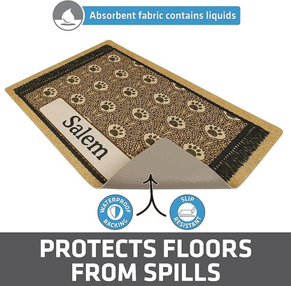 Drymate Personalized Pet Bowl Placemat, Custom Dog & Cat Food Feeding Mat - Absorbent Fabric, Waterproof Backing - Machine Washable/Durable (USA Made) (12" x 20") (Brown Paw Braid)