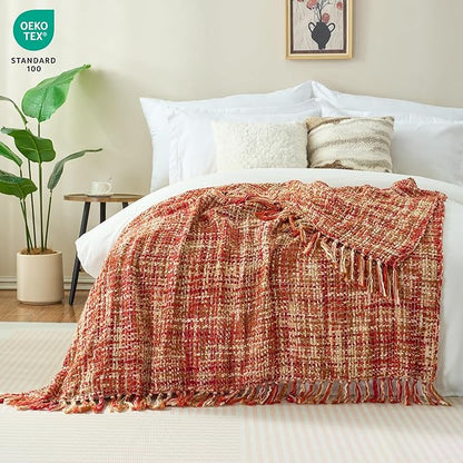 Multi-Color Dark Red Cable Knitted Throw Blanket for Couch,60"X80" Boho Style Textured Blankets for Home Decor,Super Soft Warm Cozy Chunky Knit Blanket with Decorative Tassels for Bed
