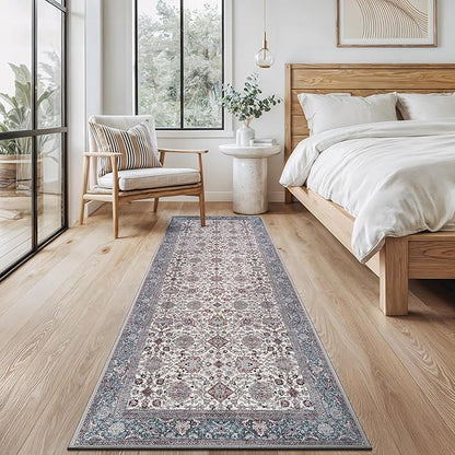Bloom Rugs Washable Non-Slip 12 ft Runner - Teal/Blue/Beige Traditional Oriental Runner for Entryway, Hallway, Bathroom, and Kitchen - Exact Size: 2.5' x 12'