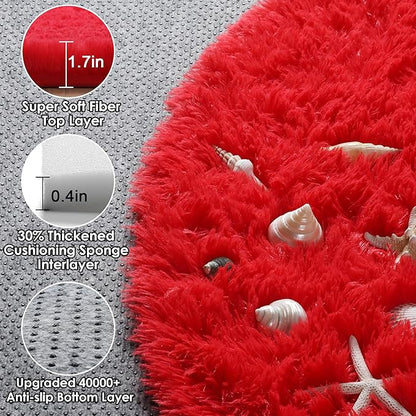 ONASAR Red Round Area Rug 4x4, Soft Bedroom Circle Rugs Floor Mat for Kids Girls Teen Room, Kawaii Fluffy Plush Shaggy Carpet for Nursery Living Room Playroom Christmas Home Decor Princess Castle