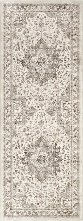 Vintage Hallway Runner Rug 3x8: Large Soft Washable Entryway for Kitchen Laundry Room Non-Slip Backing Runner for Entrance Living Room Bedroom Bathroom - Light Brown