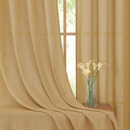 Simplebrand Gold Faux Linen Textured Semi Sheer Curtains 72 Inches Long 2 Panels Set, Light Filtering Privacy Farmhouse Curtains, Soft Window Drapes Rod Pocket Top for French Door, Bedroom, 40W x 72L