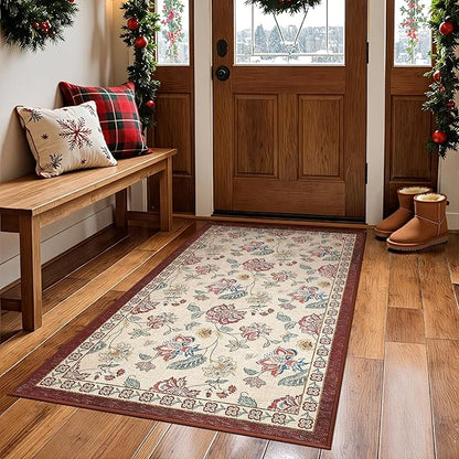 jinchan Elora 3x5 Floral Rug for Entryway Washable Rug Vintage Romance Design Christmas Small Mat Non Slip Indoor Doormat Lightweight Low-Profile Throw Carpet for Bathroom Laundry Room, Red/Beige