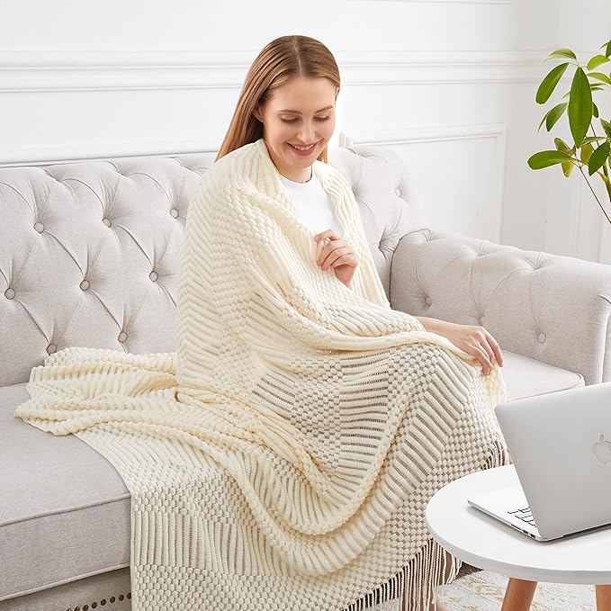 Off White Knitted Throw Blankets for Couch, Bedroom and Officeroom,Textured Fade Resistant Soft and Warm Decorative Knitted Blankets with Tassel,50"x60"