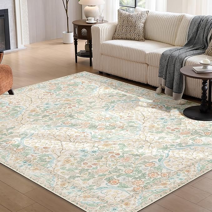 MUJOO Floral 5x7 Area Rugs,Washable Rug for Living Room Bedroom Office Dining Room,Large Throw Carpet,Boho Non Slip Indoor Floor Big Soft Neutral Vintage Ultra-Thin Light Green and Beige