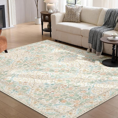 MUJOO Floral 5x7 Area Rugs,Washable Rug for Living Room Bedroom Office Dining Room,Large Throw Carpet,Boho Non Slip Indoor Floor Big Soft Neutral Vintage Ultra-Thin Light Green and Beige