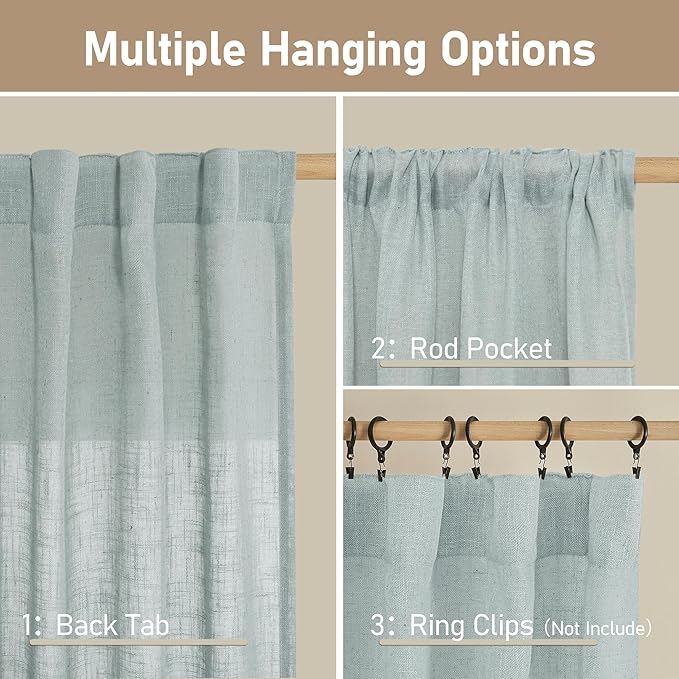 LAMIT Greyish Blue Linen Boho Curtains 80 inch Length 2 Panels, Light Filtering Semi Sheer Panels Back Tab and Rod Pocket Neutral Drapes for Bedroom/Living Room, 34 x 80 Inch