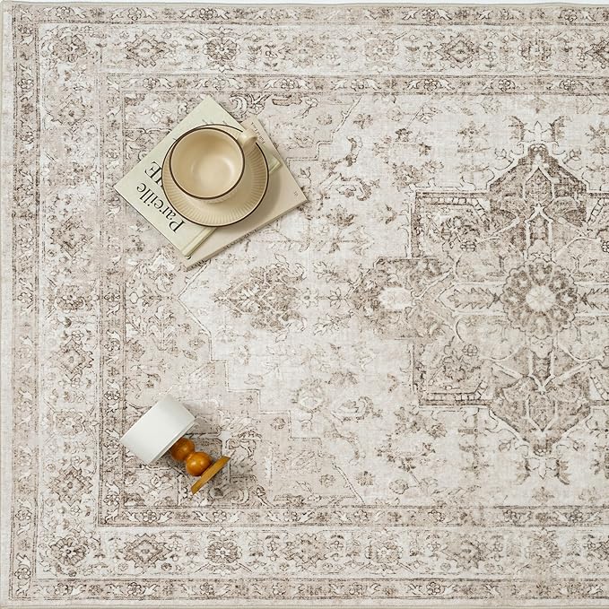Taupe Runner Rug 2x6 Hallway Kitchen Washable Vintage Carpet Non Slip Retro Distressed Low Pile Soft Oriental Medallion Thin Long Throw Rug for Entryway Bathroom Office Laundry Dining Room