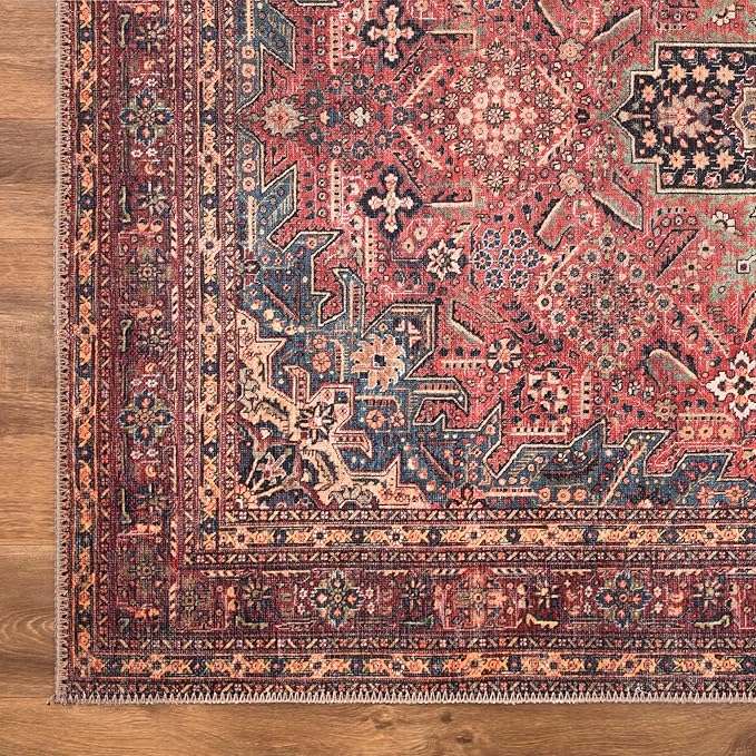 Bloom Rugs Washable Non-Slip 6' x 9' Rug - Red/Teal Blue/Yellow Traditional Medallion Area Rug for Living Room, Bedroom, Dining Room, and Kitchen - Exact Size: 6' x 9'