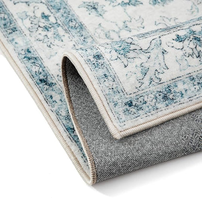 Blue Runner Rug 2x6 Washable Vintage Carpet for Hallway Kitchen Soft Retro Low Pile Thin Indoor Runner Non Slip Oriental Medallion Long Throw Rug for Bathroom Bedroom Laundry Dining Room