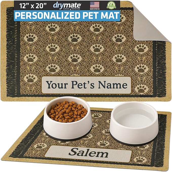 Drymate Personalized Pet Bowl Placemat, Custom Dog & Cat Food Feeding Mat - Absorbent Fabric, Waterproof Backing - Machine Washable/Durable (USA Made) (12" x 20") (Brown Paw Braid)