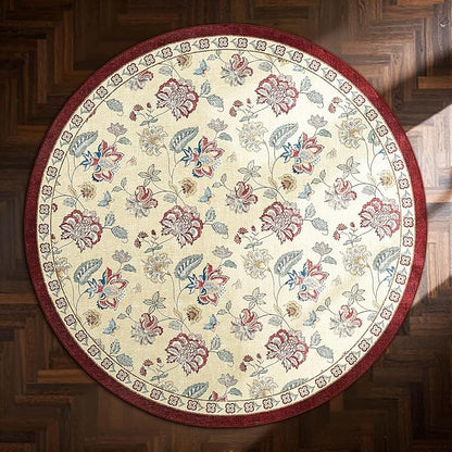 jinchan Elora 8ft Floral Round Rug for Washable Living Room Rug Vintage Romance Christmas Design Non Slip Indoor Floor Cover Lightweight Low-Profile Throw Carpet for Bedroom Porch, Red/Beige
