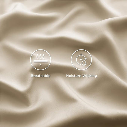 Bedsure California King Sheet Sets, Cooling Sheets for Hot Sleepers, Rayon Derived from Bamboo, Deep Pocket Up to 16 Inches, Breathable & Soft, Hotel Luxury Silky Bedding, Beige
