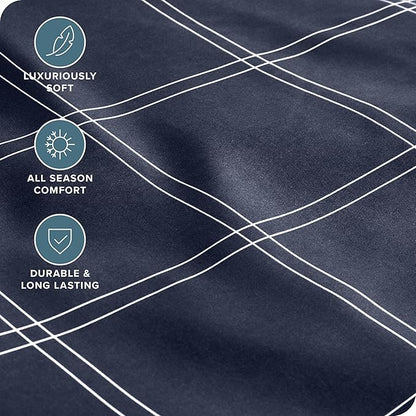 Fitted Bottom Sheet Twin Size - Premium 1800 Microfiber - Ultra-Soft Hotel Luxury - Deep Pocket - Durable and Long Lasting - Fitted Sheet (Twin, Modern Plaid - Midnight Blue/White)