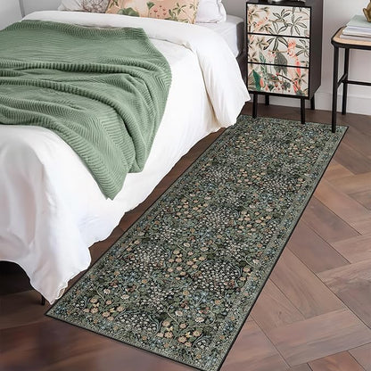 MUJOO Washable Runner Rug,Floral 2x6 Runners for Hallway Kitchen Bedroom Bedside Bathroom Laundry Room,Long Non Slip Throw Carpet Boho Indoor Botanical Vintage Ultra-Thin Black and Green