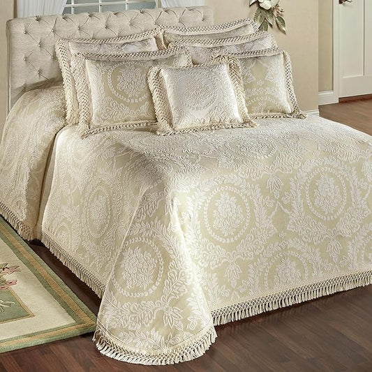 Timeless Vintage Style Bedding with Fringe Edges | Neutral Sage and Ecru | Textured Matelasse Rose Medallions and Leaves | 5 Piece Lightweight Bed Set: Oversized King Bedspread & 4 King Pillow Shams
